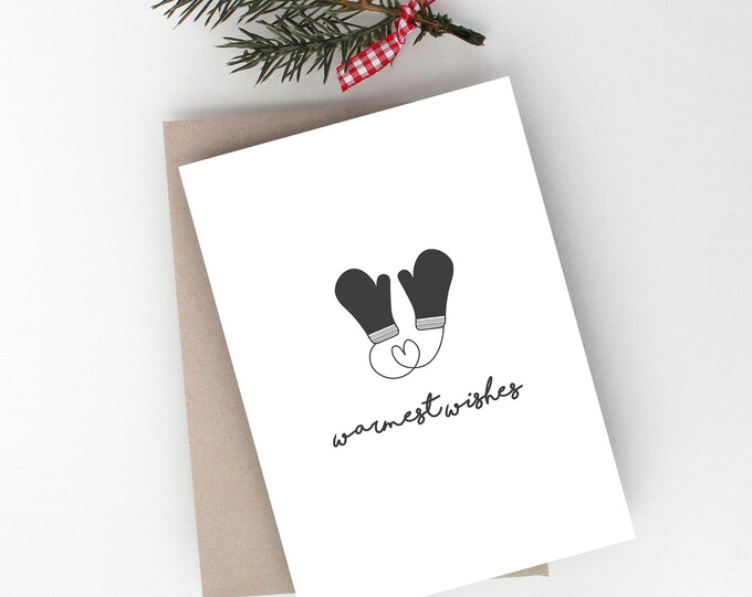 HOLIDAY GREETING CARD - Warmest Wishes Greeting Card, Simple Christmas Card, Mittens Holiday Christmas Card, Cute Xmas, Happy Holidays