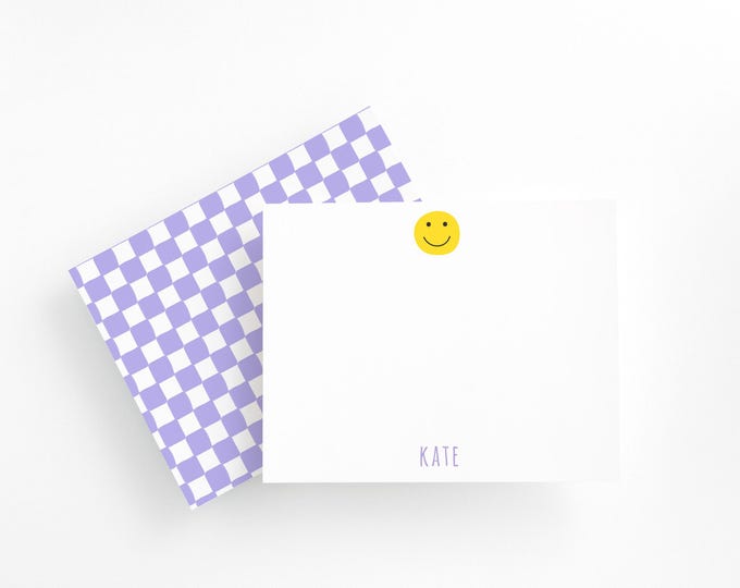 Personalized Smiley Face Stationery Set – Lavender Checkerboard Note Cards for Kids