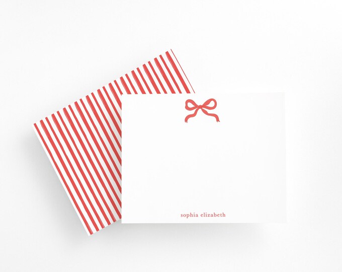 Holiday Red Bow Stationery Set with Envelopes | Personalized Christmas Note Cards | Festive Custom Name Flat Cards