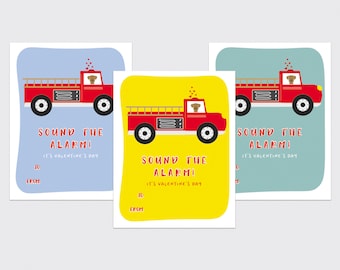PRINT YOURSELF Kids Valentines Day Card Set, Valentine PDF, Cute Fire Truck Cards, Print at home Kids Valentines, preschool printables