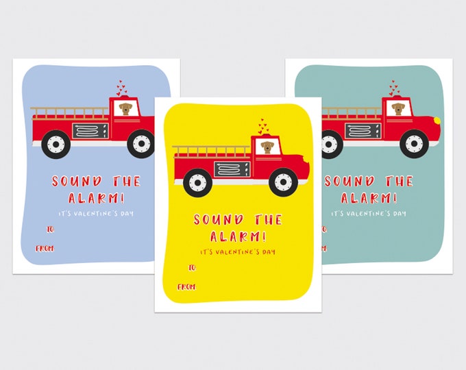 PRINT YOURSELF Kids Valentines Day Card Set, Valentine PDF, Cute Fire Truck Cards, Print at home Kids Valentines, preschool printables