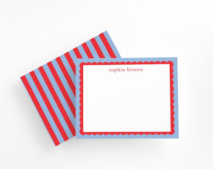 Personalized Red & Blue Scalloped Notecards: Custom Stationery Set