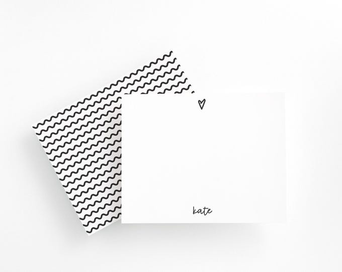 Minimalist Personalized Stationery Set with Heart, Custom Name Notecards, Black and White Stationery for Women, Cute Thank You Cards