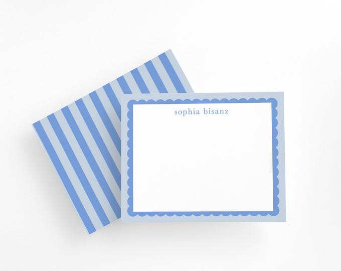 Personalized Blue Scalloped Stationery: Custom Note Card Set