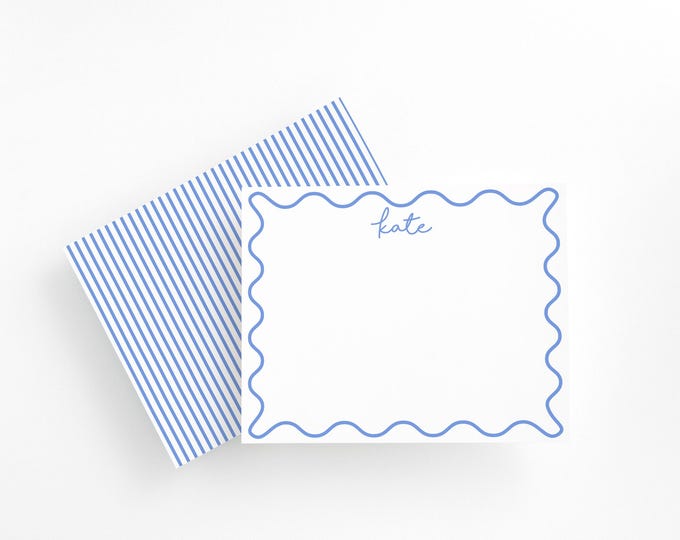 Personalized Blue Scalloped Border Stationery Set, Kids Thank You Notecards, Baby Girl Blue Traditional  Stationery