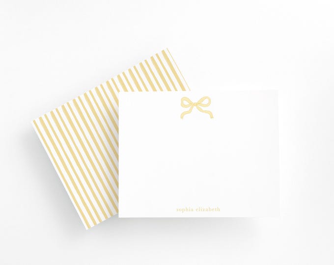 Personalized Butter Yellow Bow Stationery Set with Envelopes | Custom Name Flat Note Cards | Striped Back Design | Gift for Her