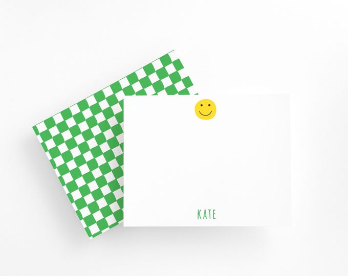 Personalized Smiley Face Stationery Set – Green Checkerboard Note Cards for Kids