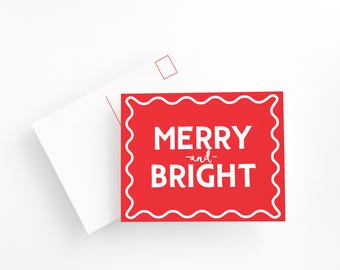 Merry and Bright Holiday Postcard Set – Retro Christmas Cards, Modern Minimalist Merry Christmas and Happy Holidays Postcards