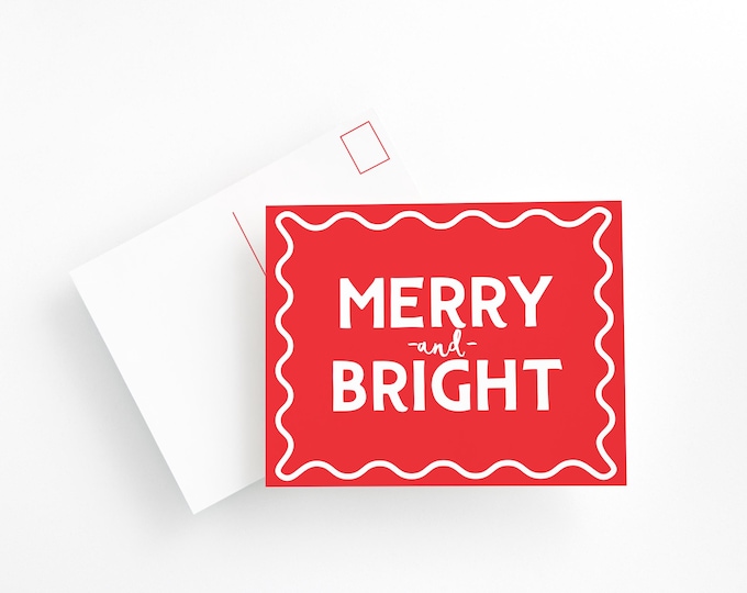 Merry and Bright Holiday Postcard Set – Retro Christmas Cards, Modern Minimalist Merry Christmas and Happy Holidays Postcards
