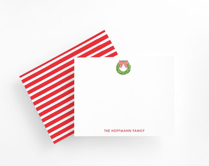 Personalized Holiday Wreath Notecard Set, Custom Family Stationery, Boxwood Holiday Wreath, Holiday Cards