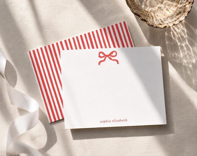 Personalized Red Bow Stationery Set | Flat Note Cards