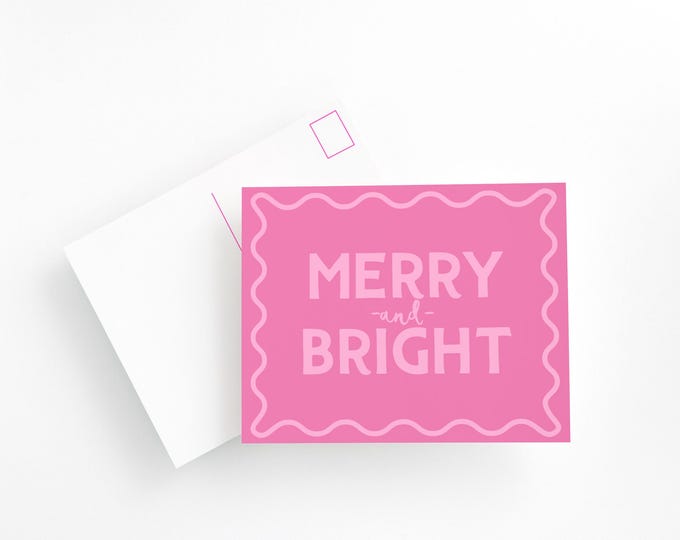 Merry & Bright Christmas Holiday Postcard Set – Pink Christmas Cards, Bright Modern Holiday Stationery, Fun Festive Merry Christmas Postcard