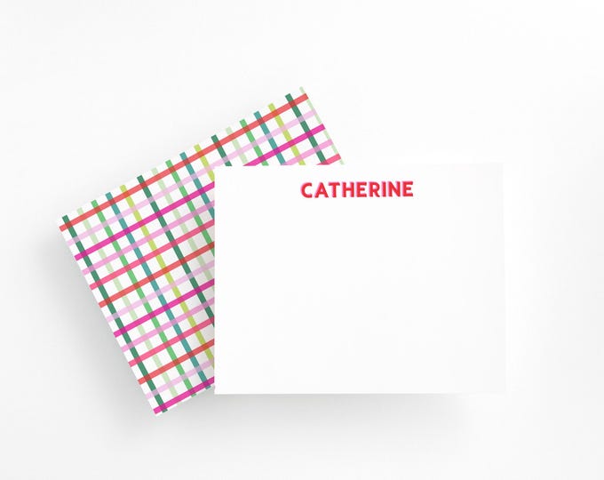 Personalized Flat Note Cards for Girls, Custom Name Stationery Set, Plaid Thank You Cards, Kids Personalized Stationery