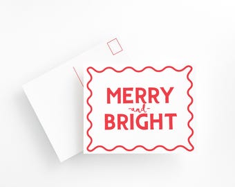 Simple Red and White Holiday Postcard Set , Merry and Bright Holiday Postcards, Holiday Postcard Set,