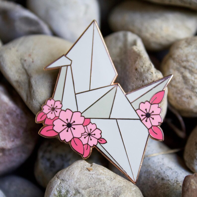 Origami Paper Crane Cherry Blossom Hard Enamel Pin Paper ...