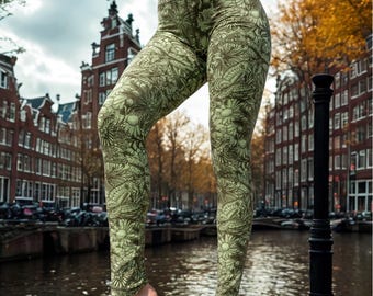 Leginsy z nadrukiem w kwiaty i kolibry, zielona oliwka, bawełna z elastanem