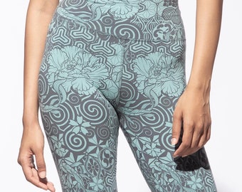 Legginsy Nagomi - Jasnoniebieskie z Szarym - Bawełniane legginsy do jogi z elastanem - Legginsy codzienne - Stroje na siłownię - Stroje do tańca - Styl japoński - Uniseks