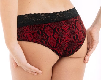 Czerwona czarna bielizna SNAKE UNDERWEAR - koronkowe majtki typu hipster - bawełniana bielizna - bielizna anty-VPL - bielizna z nadrukiem zwierzęcym - bielizna z nadrukiem węża - anty-wielbłądzi palec