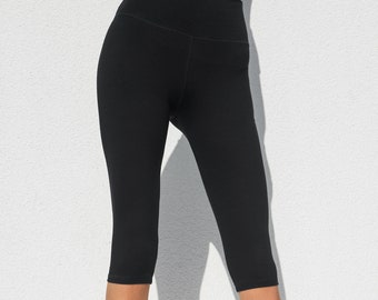 Czarne spodnie capri do jogi, wysoki stan, rajstopy do jogi 3/4, odzież sportowa, odzież do tańca, odzież sportowa, odzież festiwalowa, moda na siłownię, czarne legginsy