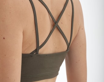 SPORTOWY BIUSTONOSZ - Biustonosz do jogi - Biustonosz z krzyżowanymi plecami - Oliwkowo-zielony - Strój do jogi - Biustonosz - Sportowy top - wbudowany biustonosz - Strój do tańca - Krótki top -