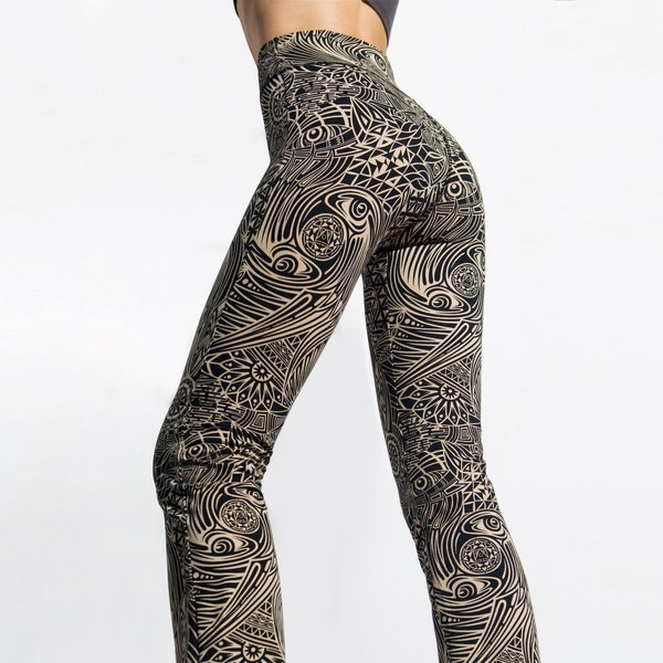 Flares - TRIBAL Eagle - Cream Black - Bootleg Leggings - High Waist - Yoga wear - Dance wear - Street Wear - Bootleg - Sport wear