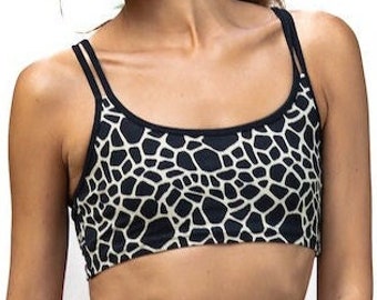 Kremowo-czarny biustonosz sportowy z żyrafą - Biustonosz do jogi - Biustonosz z krzyżowanymi plecami, Odzież do jogi - Biustonosz - Sportowy top - wbudowany biustonosz - Odzież do tańca - Krótki top