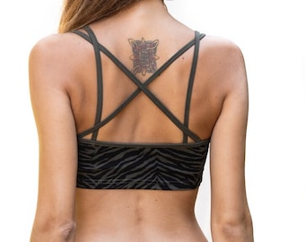 Biustonosz sportowy w kolorze zielono-czarnym zebry, Biustonosz do jogi, Biustonosz z krzyżowanymi plecami, Strój do jogi, Top biustonoszowy, Sportowy top, wszyty biustonosz, Strój do tańca, Krótki top