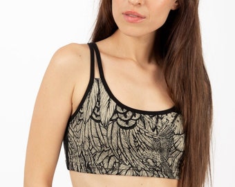 Kremowo-czarny Feather - SPORTOWY BIUSTONOSZ, Biustonosz do jogi, Biustonosz z krzyżowanymi plecami, Strój do jogi, Top biustonosz, Sportowy top, wszyty biustonosz, Strój do tańca, Krótki top