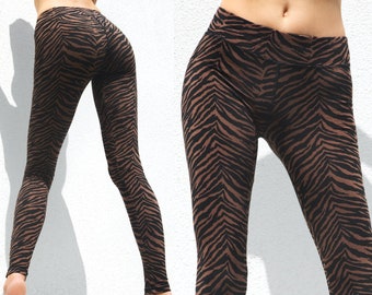 Zebra Strumpfhose für Frauen, BRAUN Zebra Print Hose, Baumwolle Lycra Legging, Pilates, Animal Print Leggings, Tiger Print Leggings, Street Wear