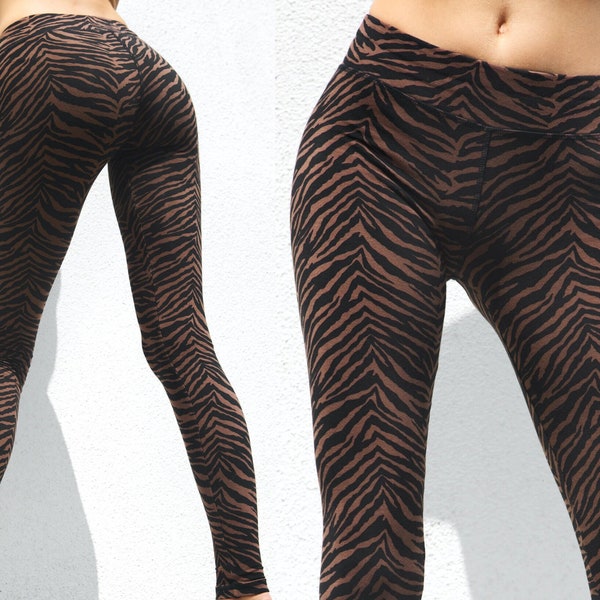 Zebra panty's voor dames, BRUINE zebraprint broek, katoen-lycra legging, pilates, dierenprint legging, tijgerprint legging, straatkleding