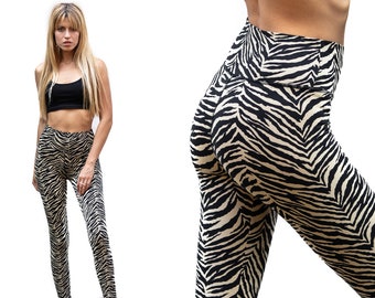 Super High Waist Cream Black Zebra Leggings, Fold Over Yoga Leggings, Cotton Lycra Leggings, Dance Tight, Fitness Leggings, Pilates Leggings