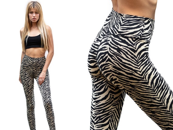 Super High Waist Cream Black Zebra Leggings, Fold Over Yoga Leggings, Cotton  Lycra Leggings, Dance Tight, Fitness Leggings, Pilates Leggings 