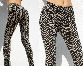 Cream Black Zebra Print Leggings, Zebra Tights, Cotton Elastane Leggings, Animal Print Leggings, Dance Tights, Fitness Leggings, Unisex