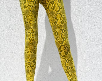 Yellow Grey Snake Print Leggings Cotton 