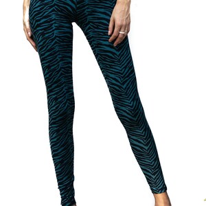 May include: Teal and black leggings with a zebra print pattern.