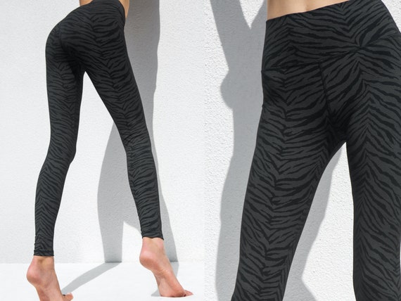 Super High Waist Black Zebra Leggings, Fold Over Yoga Leggings