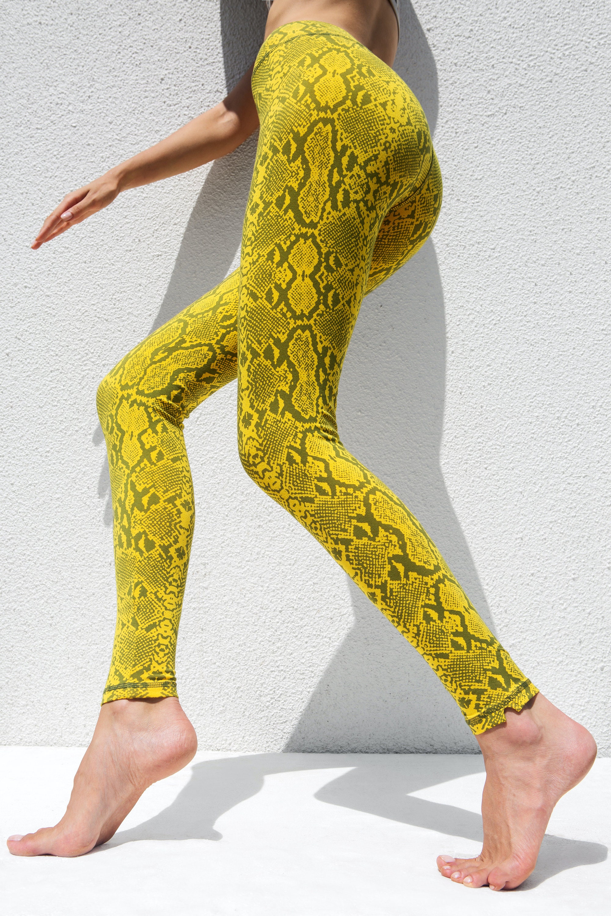 Yellow Grey Snake Print Leggings Cotton 