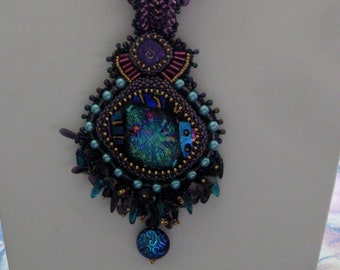 OOAK Embellished Purple Glass Cab Necklace with Netted Rope