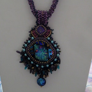 OOAK Embellished Purple Glass Cab Necklace with Netted Rope image 1