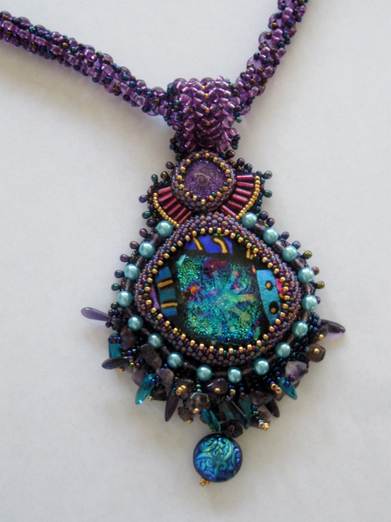 OOAK Embellished Purple Glass Cab Necklace with Netted Rope image 3