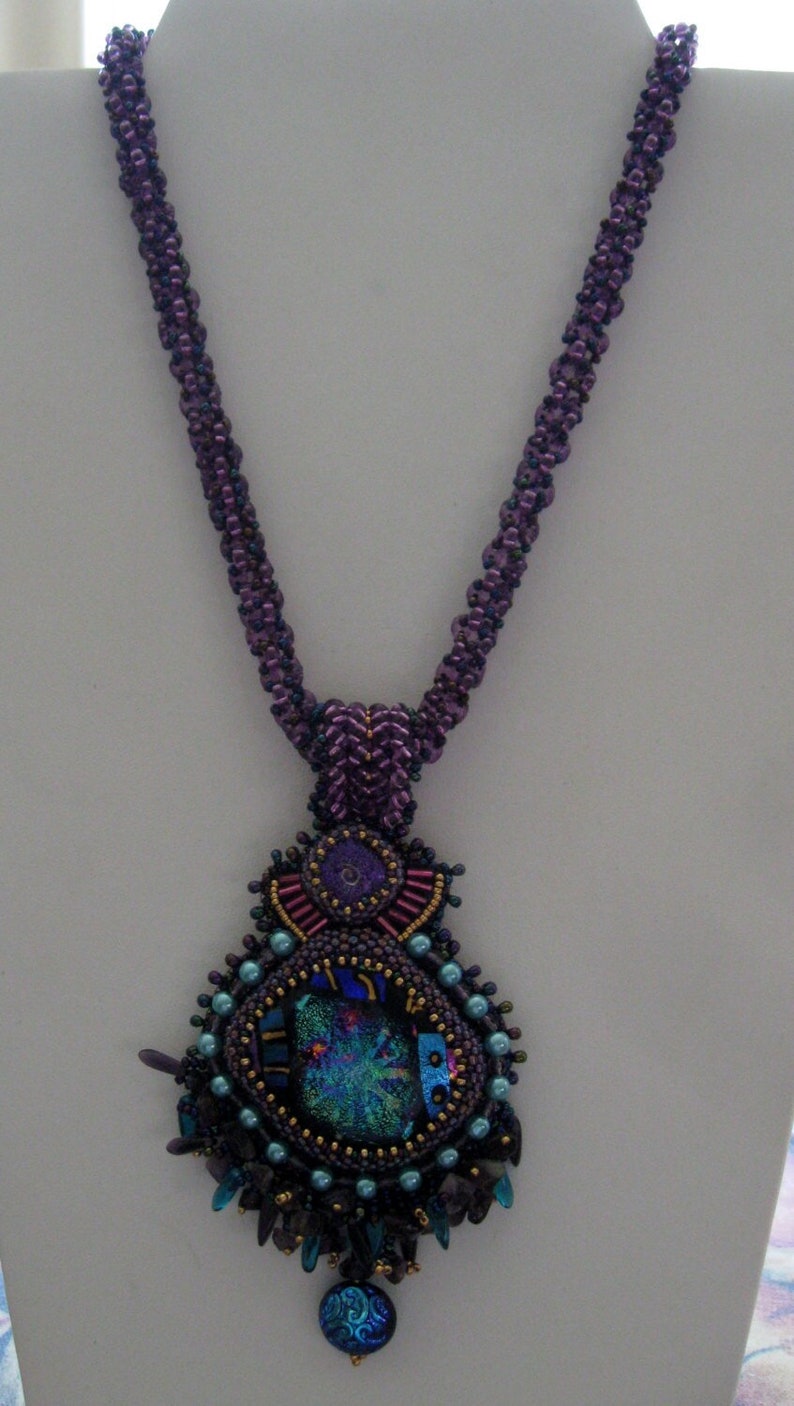 OOAK Embellished Purple Glass Cab Necklace with Netted Rope image 1