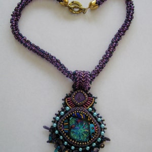 OOAK Embellished Purple Glass Cab Necklace with Netted Rope image 2