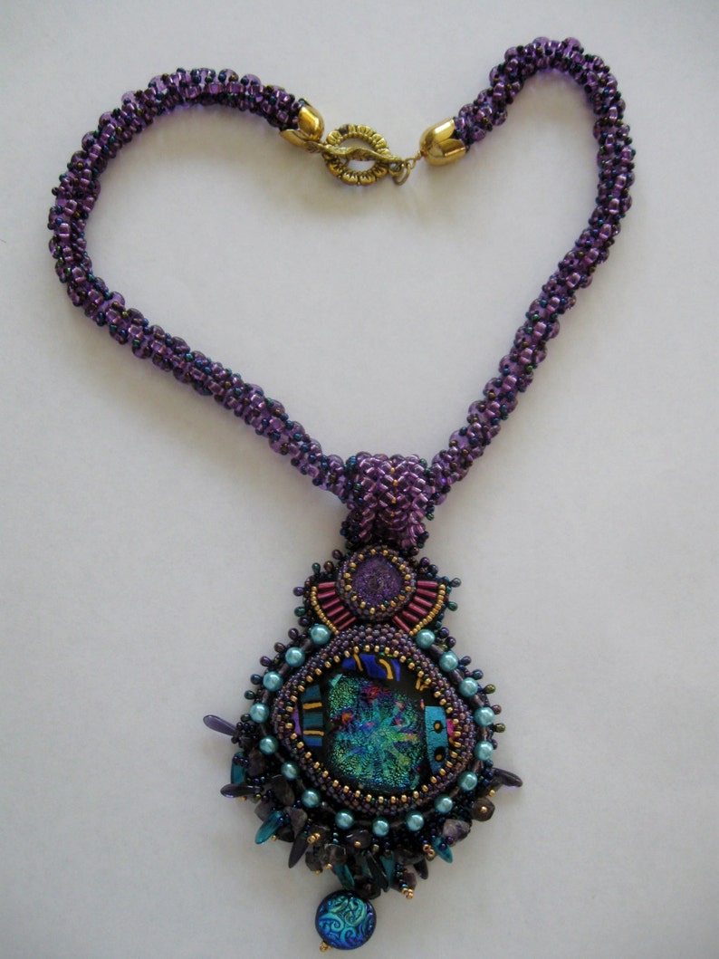 OOAK Embellished Purple Glass Cab Necklace with Netted Rope image 2
