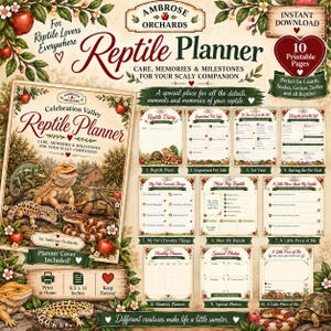 May include: A digital reptile planner set by Ambrose Orchards featuring 10 printable pages for tracking care, memories, and milestones. The cover displays a bearded dragon, chameleon, turtle, and snake amidst apple branches and red apples.