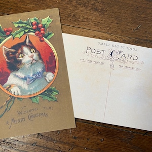 Merry Christmas Katze Postkarte Mistelzweig Vintage Antik Papier Post Post Retro Urlaub Gruß Winter Niedlich