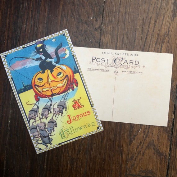 Vintage Halloween Cat Postcard: Pumpkin & Mice Art