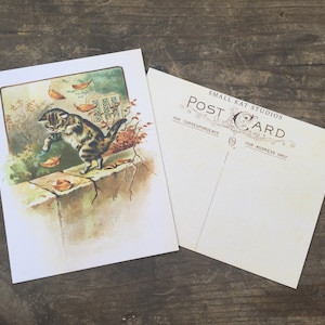 Katze Fall Herbst Blatt Postkarte Vintage Antik Kätzchen Papier Post Post Lustig neugierig Verspielt