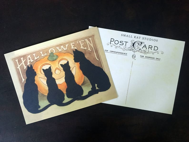 May include: A vintage Halloween postcard featuring a jack-o'-lantern with three black cats looking at it. The postcard says "HALLOWEEN" and "SMALL KAT STUDIOS POST CARD".