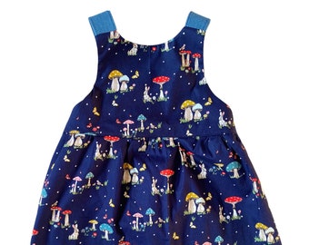 Navy blue mushroom garden Print Pinafore Girls Cotton Dress size with pockets