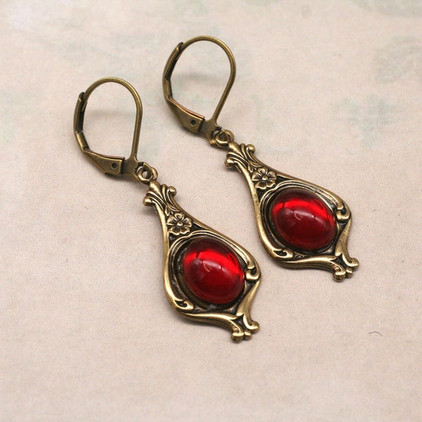 Red Art Nouveau Earrings- Small Drop Earrings- Dainty Earrings- Brass Earrings- Art Deco Earrings- Victorian Earrings- Feminine Earrings